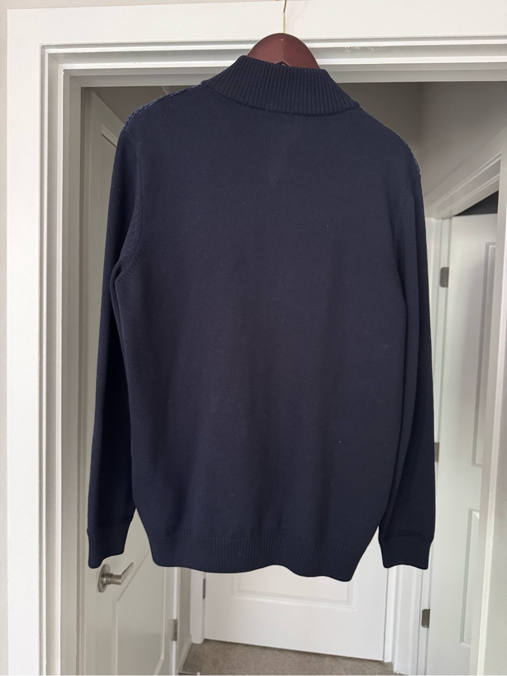 BOSS By Hugo Boss Men's Navy Full-Zip Merino Wool Regular Fit Light Sweater - Picture 7 of 8